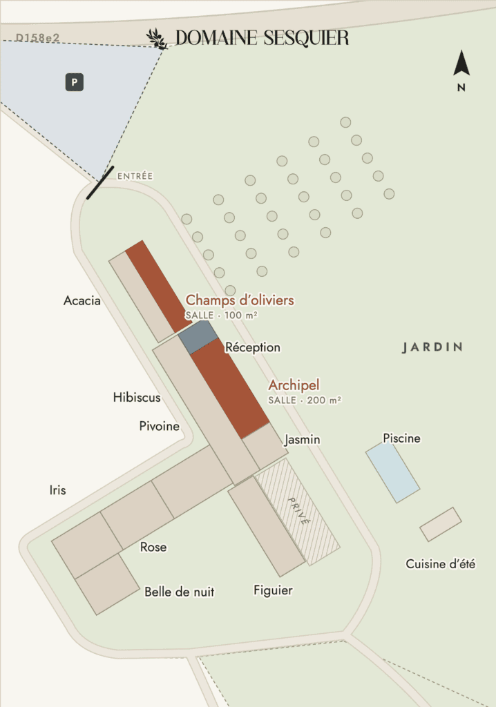 Plan du Domaine Sesquier : gîtes, salles, piscine et parking