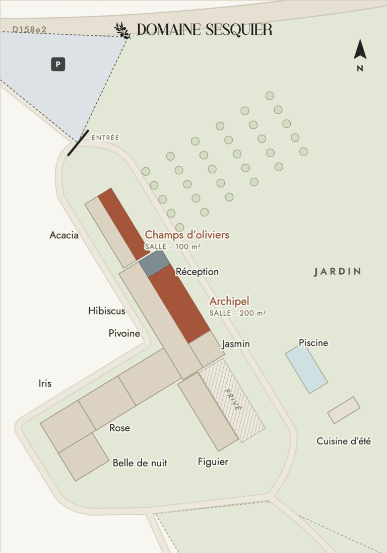 Plan du Domaine Sesquier : gîtes, salles, piscine et parking